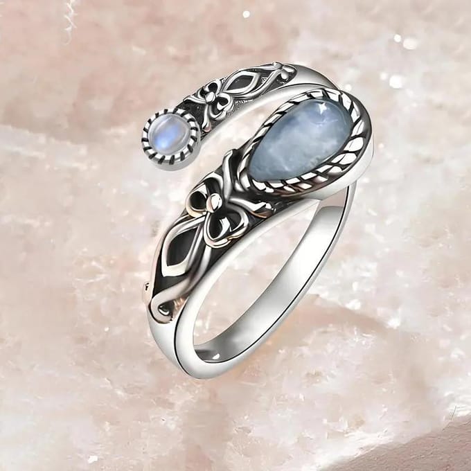 Dames Maansteen Ring, Verstelbare Ring, boho, vintage, lepel Ring, vlinder, synthetische Steen, cadeau gray