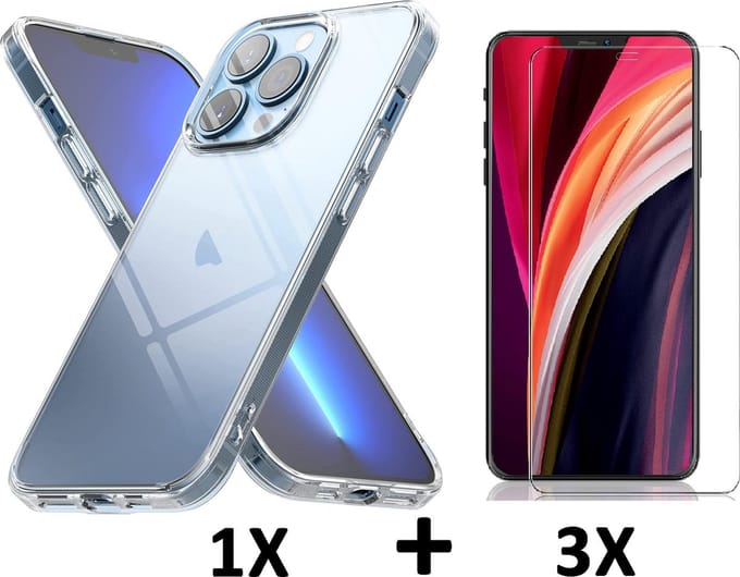 HB Hoesje Geschikt voor Apple iPhone 13 Pro Max - Transparant / 3X Glazen Screenprotector - Siliconen Back Cover