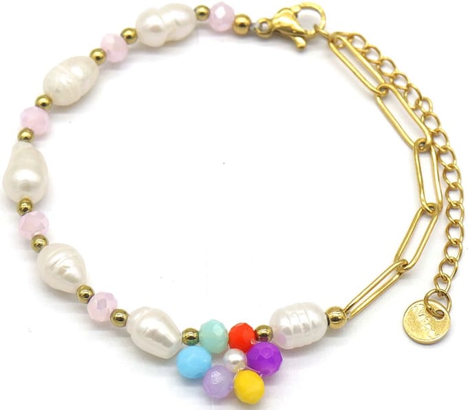 Armband Dames - Kunstparels en Bloem - RVS - Lengte Verstelbaar 17-22 cm - Goudkleurig