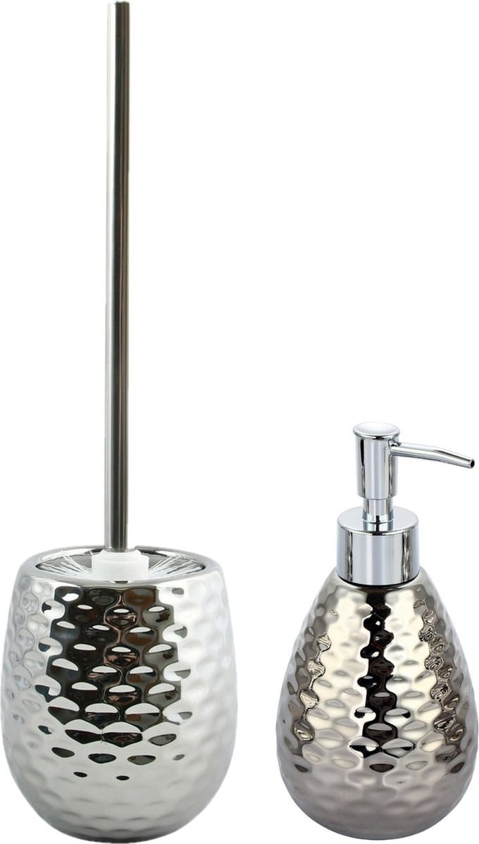 MSV Toiletborstel in houder 41 cm/zeeppompje 260 ml set Phoenix - Polyresin/rvs - gehamerd zilver
