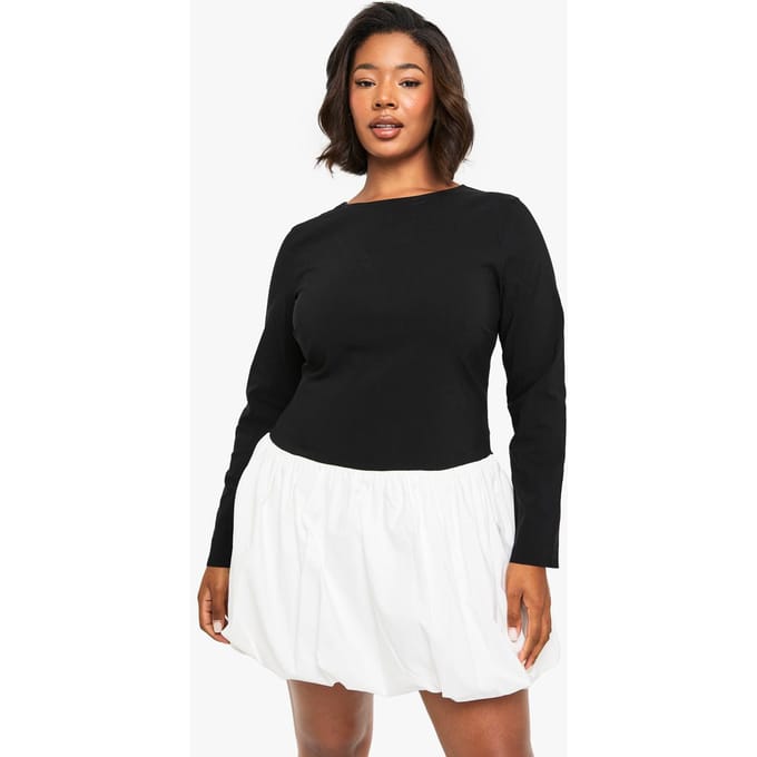 boohoo Dames plus bengaline contrast puffball mini jurk | Black | Maat: 28