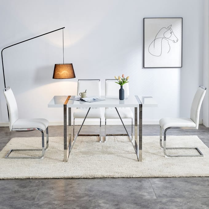 MODFU Eetkamerstoel set van 2, kunstleer/linnen rugleuning, metalen poten, wit