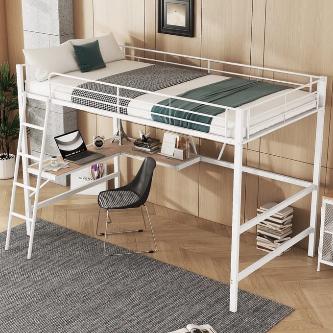 Sweiko Hoogslaper 90x200 cm, bureau en planken, metalen bedframe, zonder matras, wit