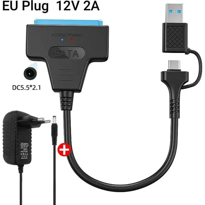 SATA naar USB 3.0/Type-C Adapter Sata Kabel 2,5/3,5 Inch SSD HDD SATA III Harde Schijf met 12V/2A Voedingsadapter black