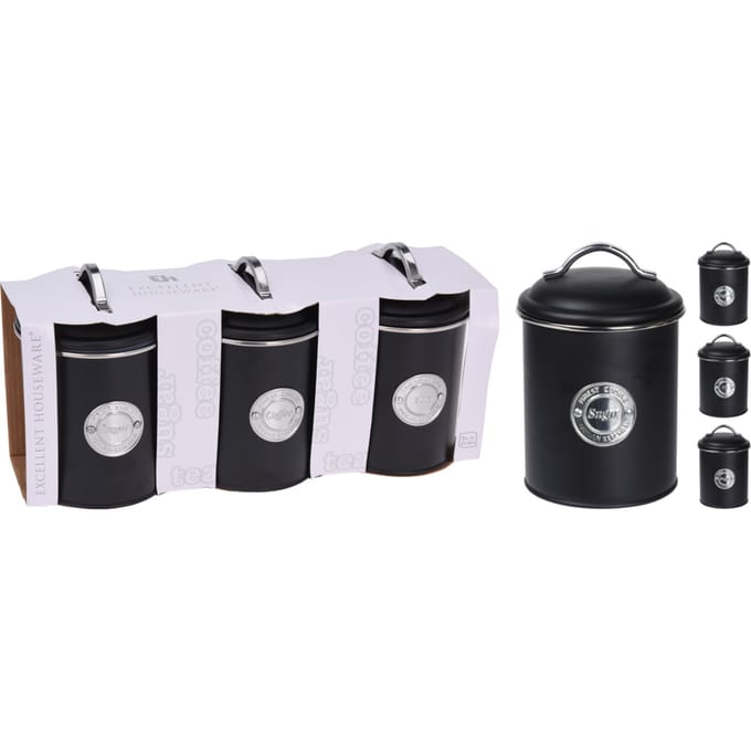 Excellent Houseware Voorraadbussen Klassiek Zwart - Set Van 3 Stuks