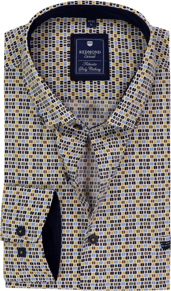 Redmond comfort fit overhemd - popeline - wit met blauw - geel en bruin dessin