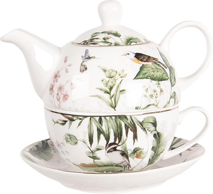 Clayre & Eef Tea for One 460 ml Wit Groen Porselein Vogels