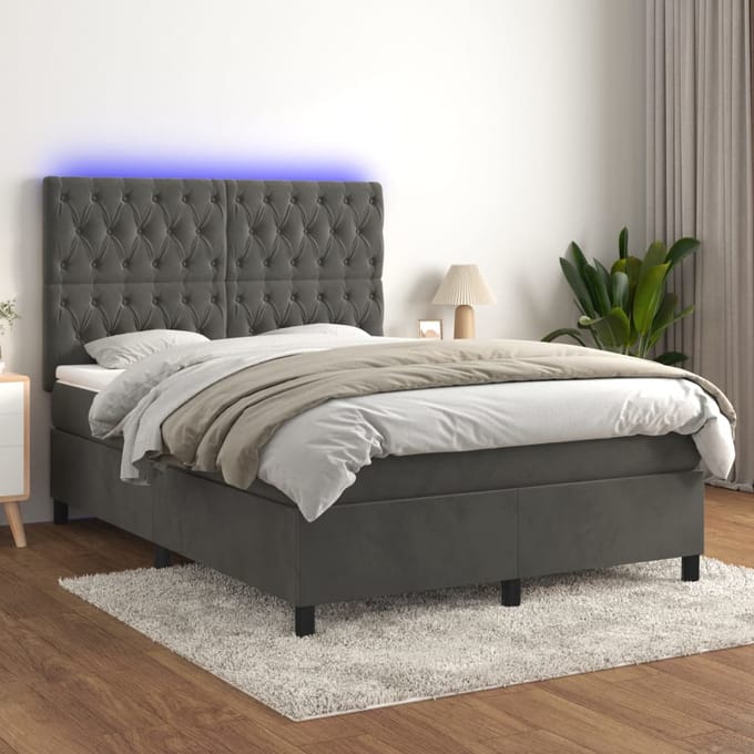 vidaXL - Boxspring - met - matras - en - LED - fluweel - donkergrijs - 140x200 - cm