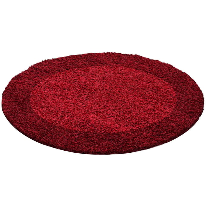 Hoogpolig vloerkleed met randafwerking, rode kleur, geschikt voor de woonkamer, met jute achterkant, rond formaat: 160 cm.