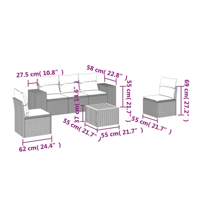 vidaXL - 6-delige - Loungeset - met - kussens - poly - rattan - beige