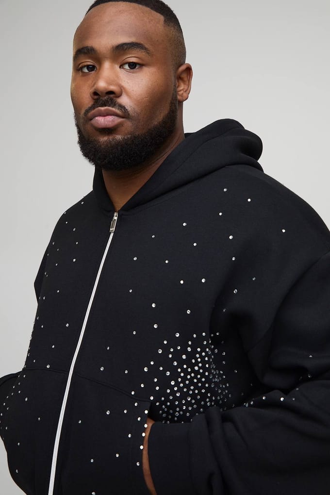 Plus Shrunken Rhinestone Zip Through Hoodie | Black | Size 2XL