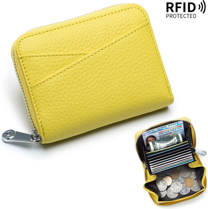 Pasjeshouder Mannen, Leer, Portemonnee Dames, RFID, Munthouder - Geel