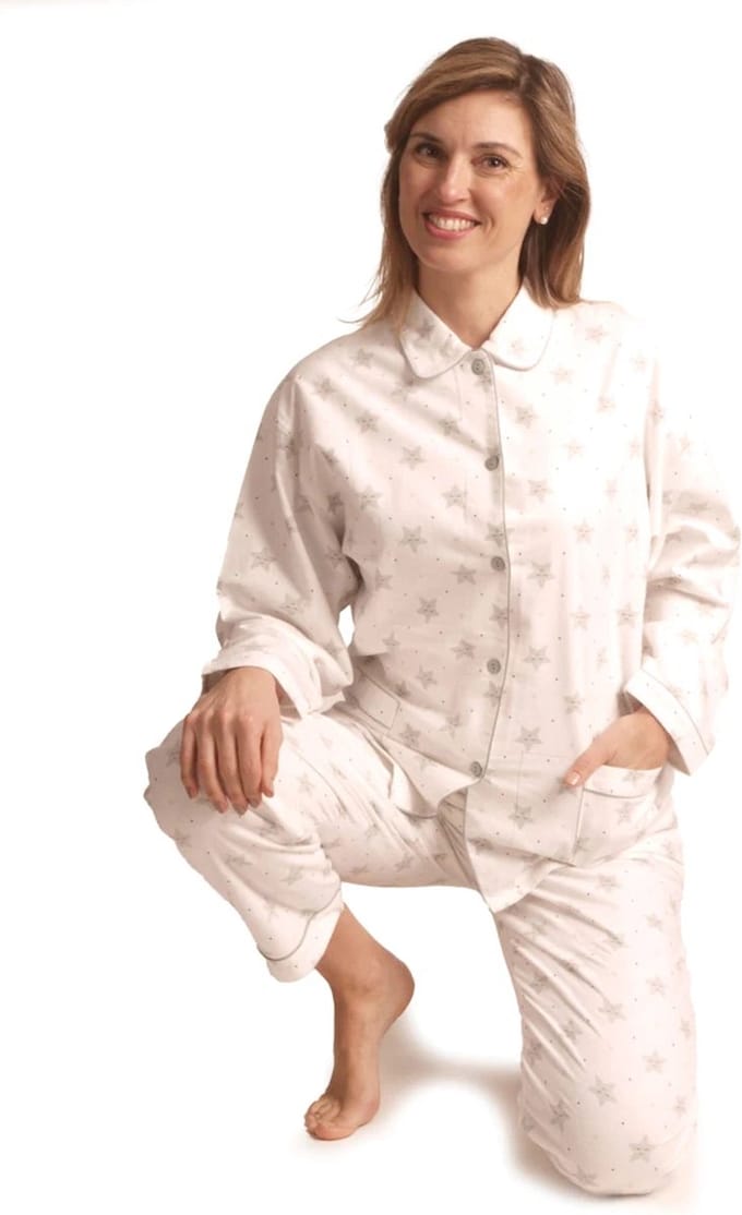 Lunatex dames pyjama flanel - maat XXL - Happy star - ivoor