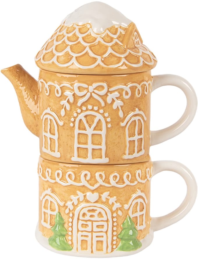 Clayre & Eef Tea for One Gingerbread house 550 ml / 450 ml Bruin Keramiek