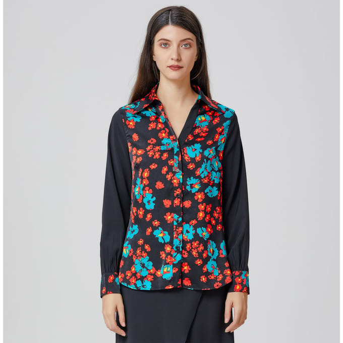 Overhemd met bloemenprint van twee materialen