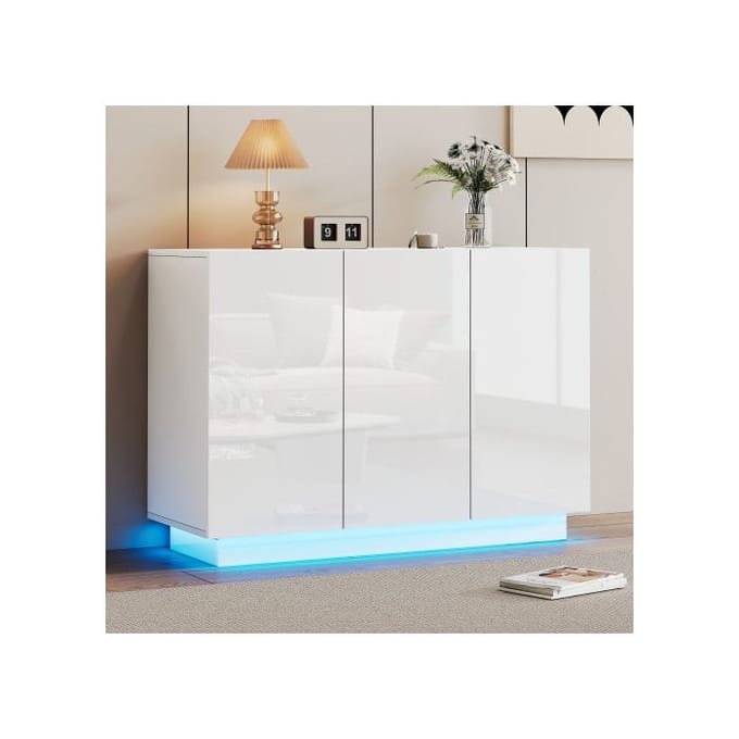 Buffet - MUVOE - Buffet 120 x 40 x 75 cm - 3 portes - Finition blanche brillante - LED 16 couleurs Bluetooth