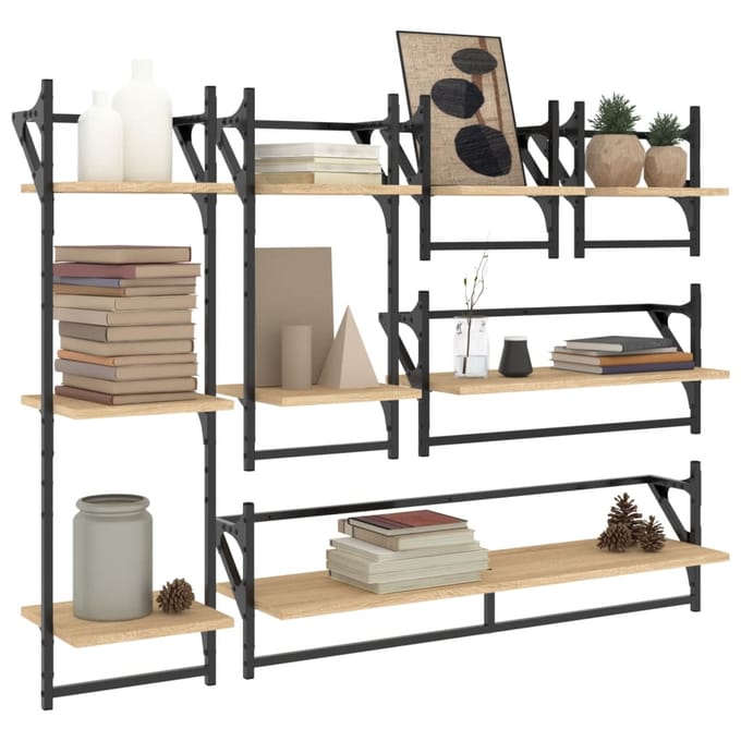 vidaXL - 6-delige - Wandschappenset - met - stangen - bewerkt - hout - sonoma - eiken
