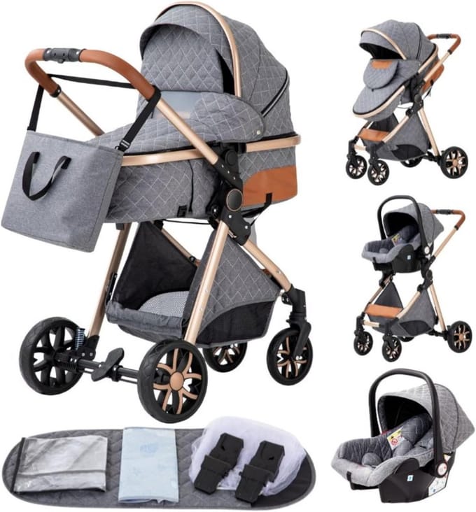 3-in-1 Kinderwagen Combinatie Set Blauw Compact Inklapbaar Hoge Zit