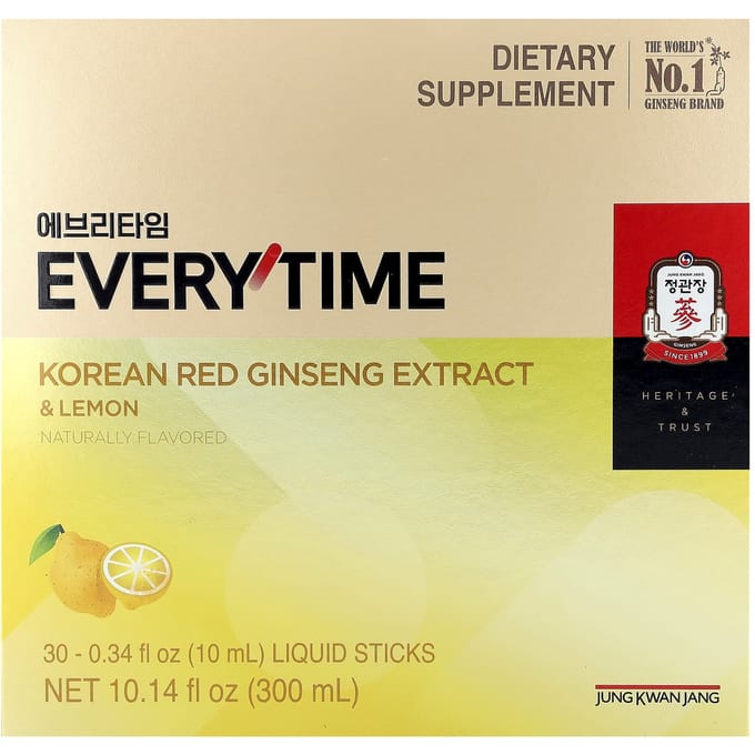 Koreaans Rode Ginseng Extract, Everytime, Citroen, Vloeibare Stick 30 Stuks, 10 mL (0.34 fl oz) Elk