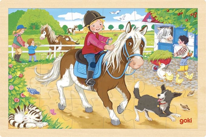 GOKI Puzzel - Ponyboerderij - 24 Stukjes - 30X20X0,8Cm - Hout - 3 Jaar