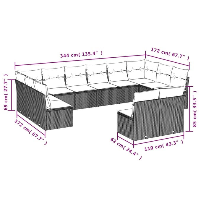 vidaXL - 12-delige - Loungeset - met - kussens - poly - rattan - beige