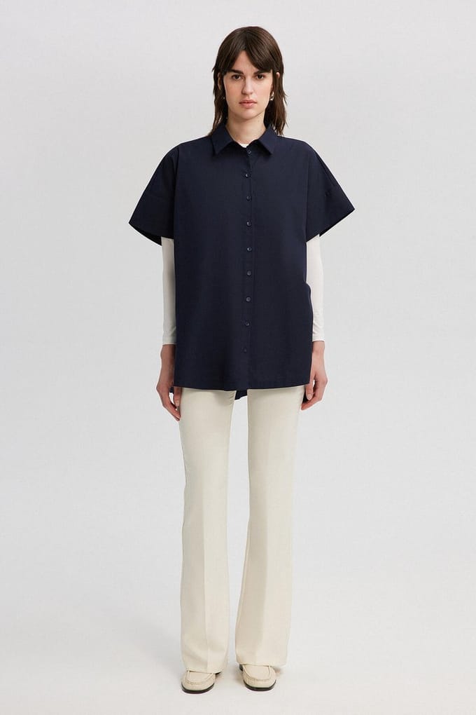 Touché Privé - Blouse met korte mouwen en biesriem - Marine - Dames