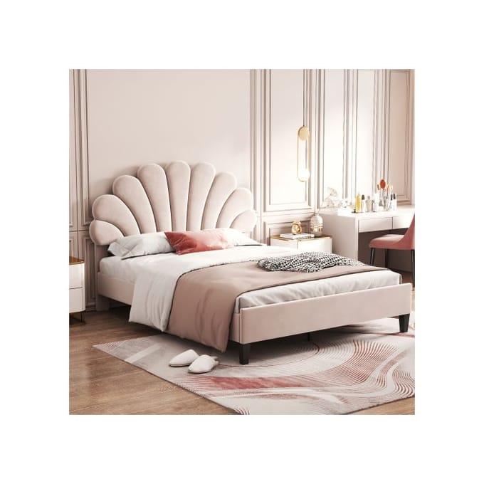 Lit double capitonné - MUVOE - 140 x 200 cm - Tête de lit florale - MDF robuste - Montage facile beige