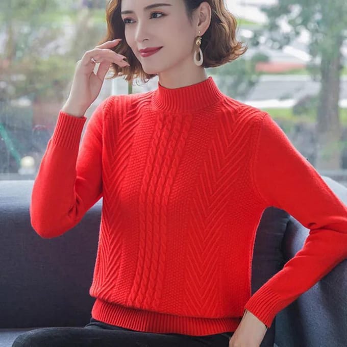 Haut Tricoté d'Hiver pour Femmes, Top Ample de Couleur Unie, Col Mi-Haut, Pull Épais 3XL rouge