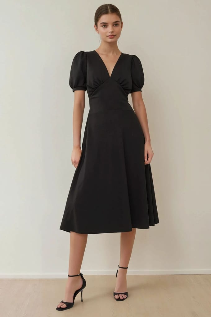 V-hals Puff Mouw A-Lijn Crepe Midi Jurk