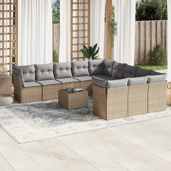 vidaXL - 12-delige - Loungeset - met - kussens - poly - rattan - beige