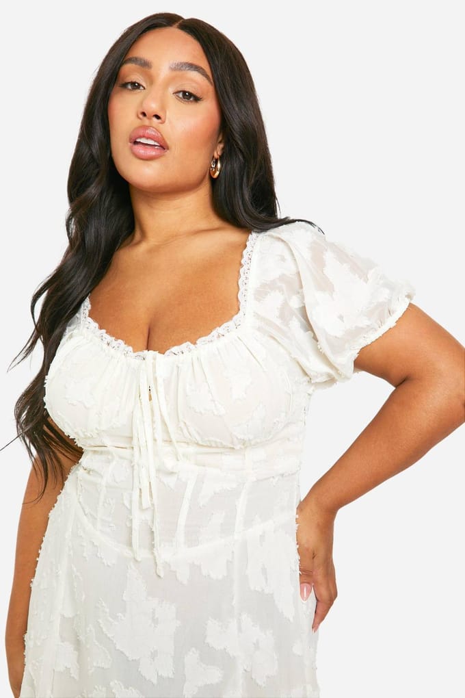 boohoo Dames Plus Burnout Milkmaid Midi Jurk | Wit | Maat: 44