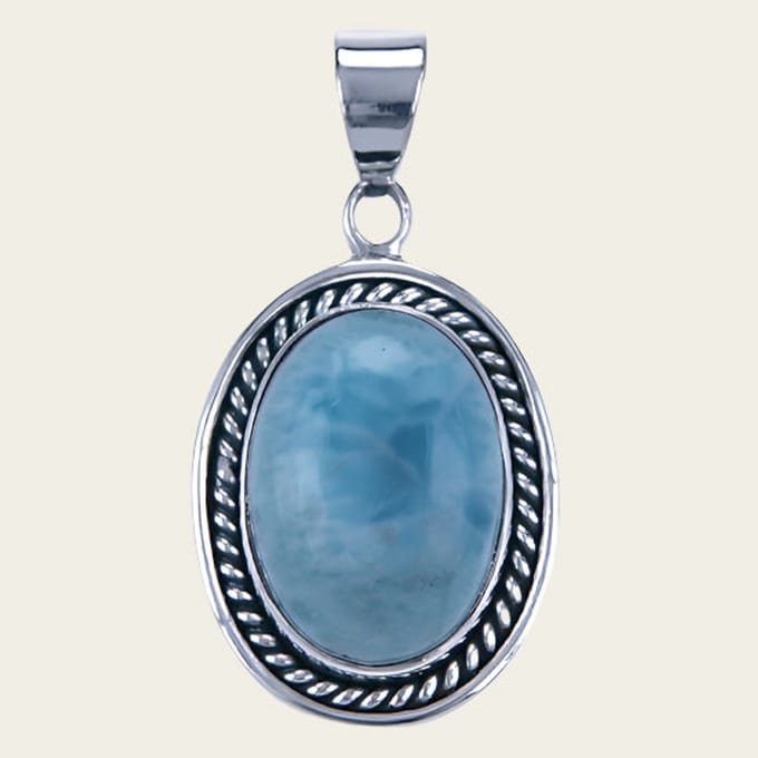 Zilveren Larimar edelsteen ovaal met kabelrand kettinghanger