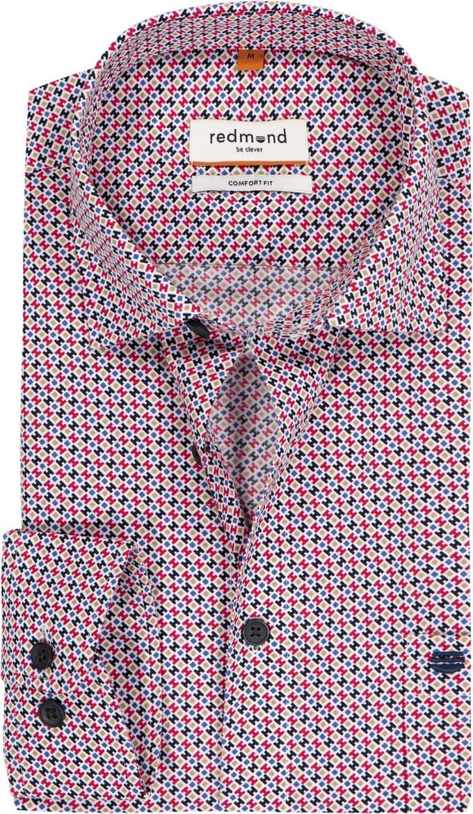 Redmond comfort fit overhemd - popeline - wit - donkerblauw - rood - beige dessin
