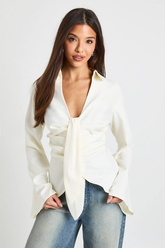 boohoo Dames Gedrapeerd Shirt met Taille | Ivory | Maat: 6