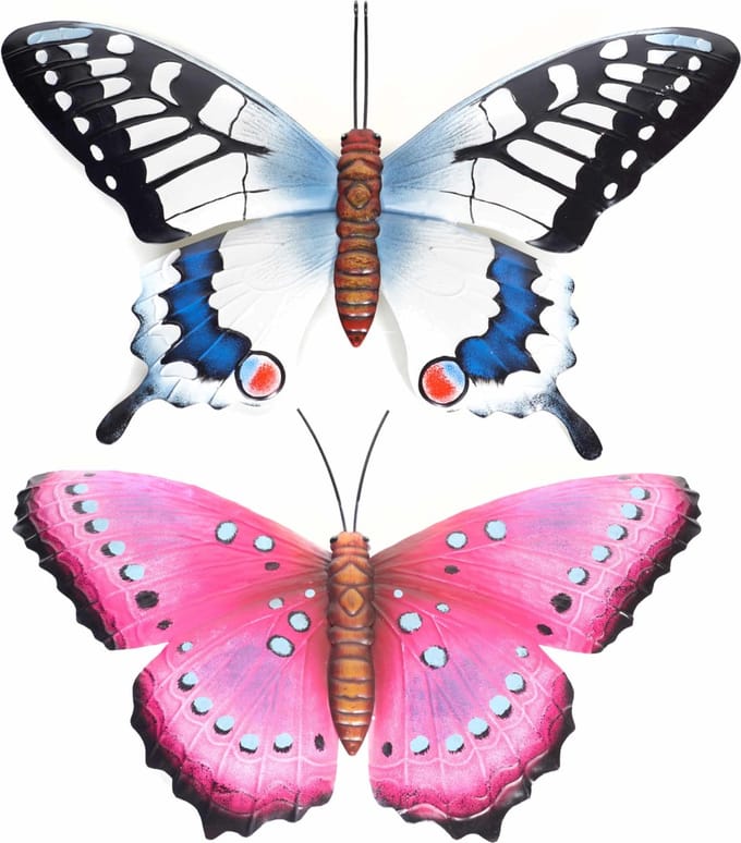 Vlinders - 2x - metaal 48 x 30 cm - blauw/roze