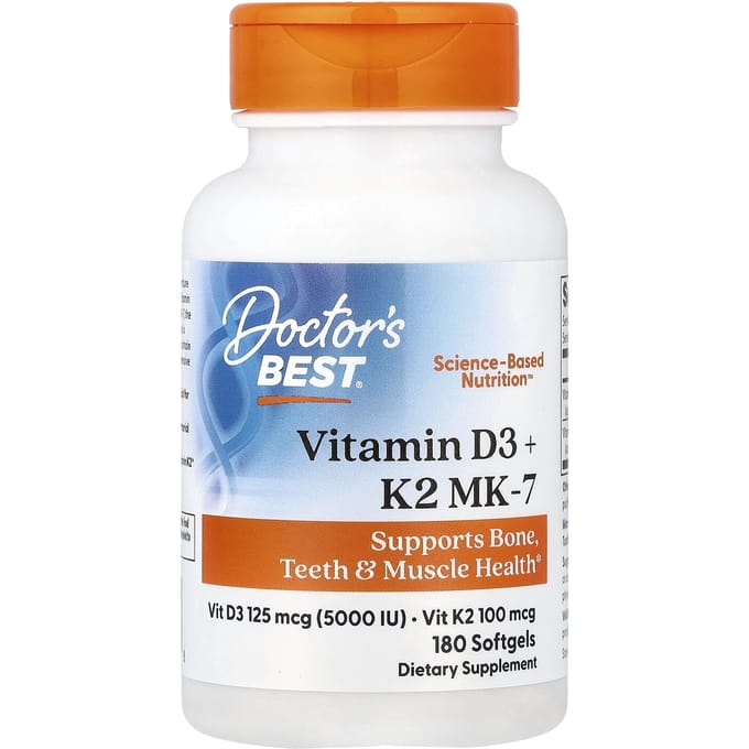 Doctor's Best, Vitamine D3 + K2 MK-7, 180 Gélules Molles