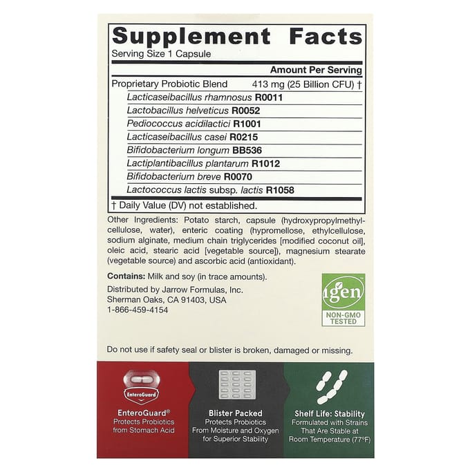 Jarrow Formulas, Jarro-Dophilus EPS, 25 Milliards, Capsules Végétales EnteroGuard, 60 Comprimés