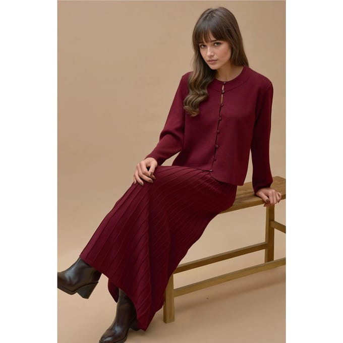 Gestructureerde Brei Co-Ord Set met Crew Neck Cardigan en Uitlopende Rok