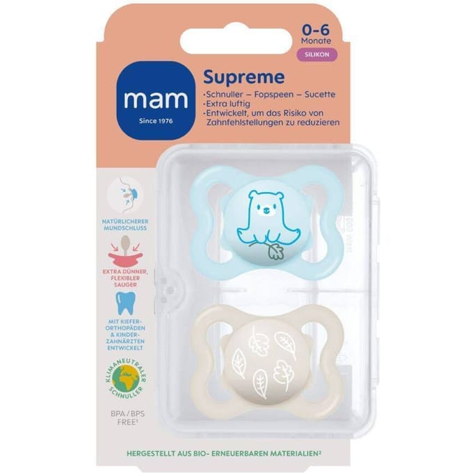 MAM Supreme Silikon Fopspeen 0-6 mnd Blauw 2 stuks