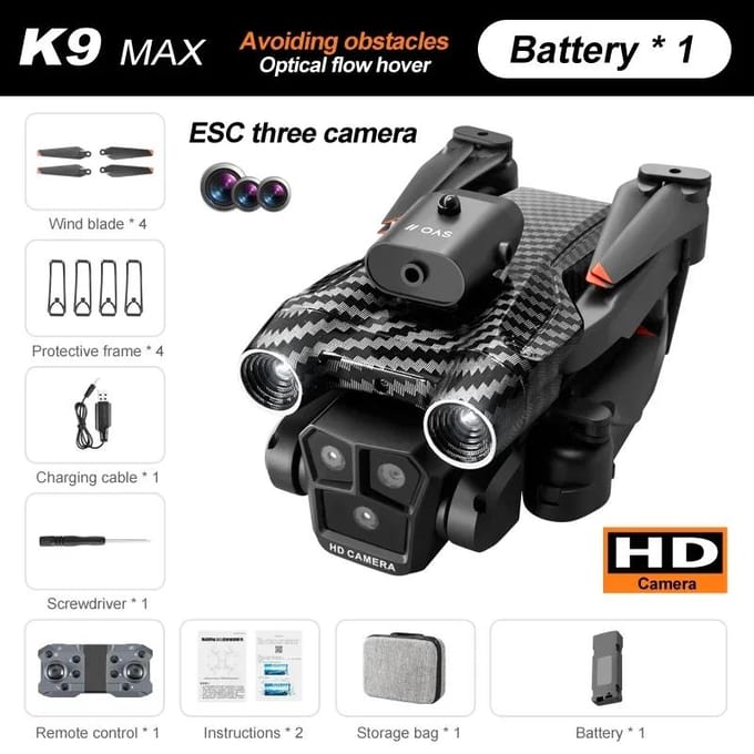 K9Max Rc Drone Professioneel 8K Drie-camera ESC Groothoek Optische stroom Positionering Vierweg Obstakel vermijden Quadcopter Speelgoed Geschenk 4k 1 battery