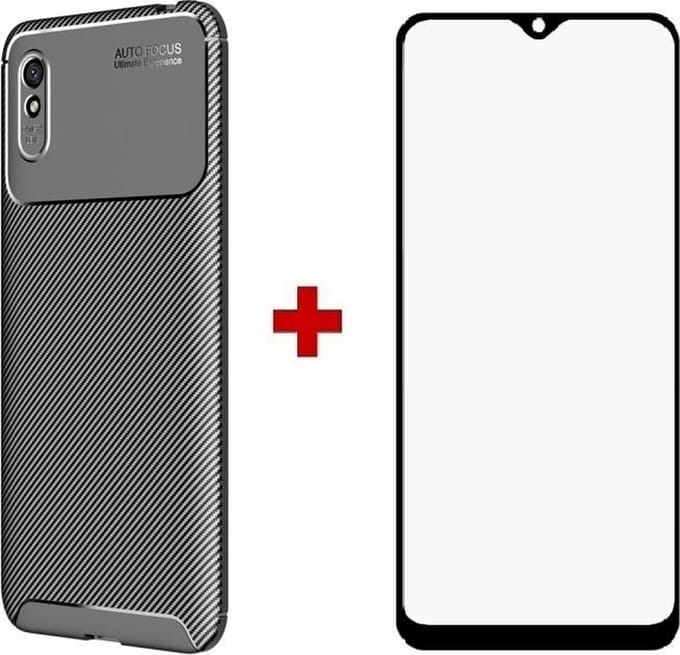 Silicone gel zwart hoesje Xiaomi Redmi 9A met full cover glas screenprotector