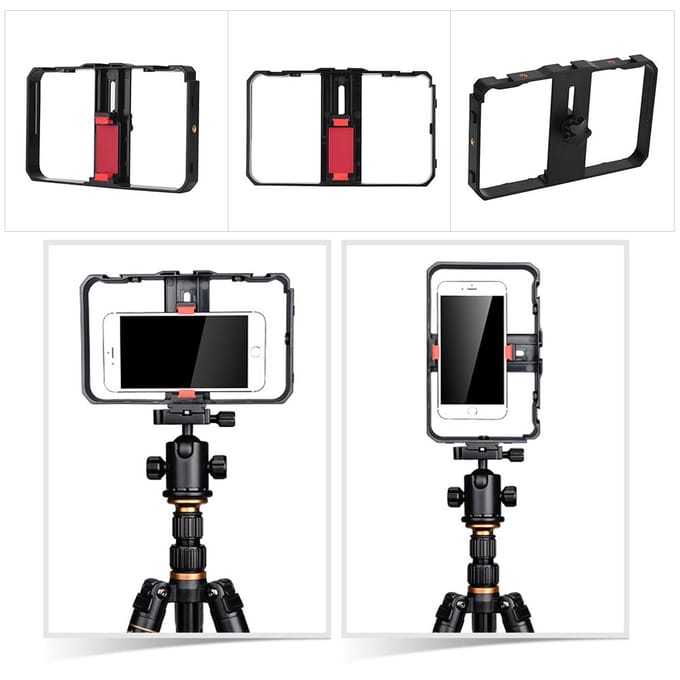Mini LED Videolamp 5W Fotografie Invullicht 6500K Dimbaar, 2 stuks + Handheld Smartphone zwart
