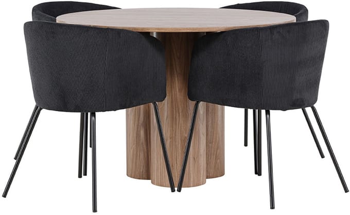 Olivia eethoek tafel Ø110cm en 4 fluwelen stoelen met armleuningen bruin.