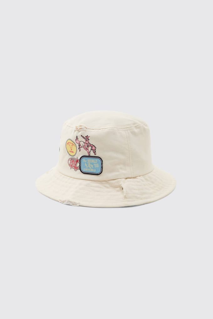 Bedrukte Bucket Hat Met Applicatie Patches | Ecru