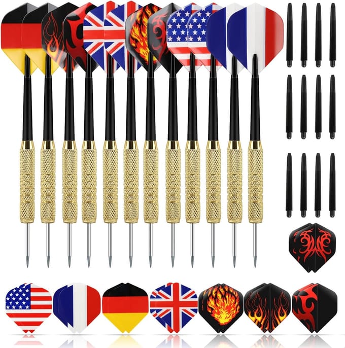 Stalen Punt Darts Set met Diverse Vluchten en Assen - 12 Stuks