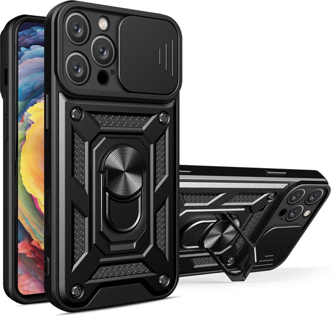 MobyDefend Hoesje - Geschikt voor iPhone 16 Pro Max - Pantsercase Met Draaibare Ring - Zwart