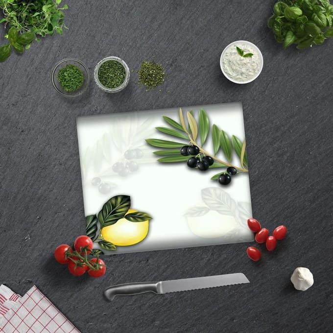 Olijven en Citroen Tempered Glas Snijplank 29cm x 34cm - Glassnijplank