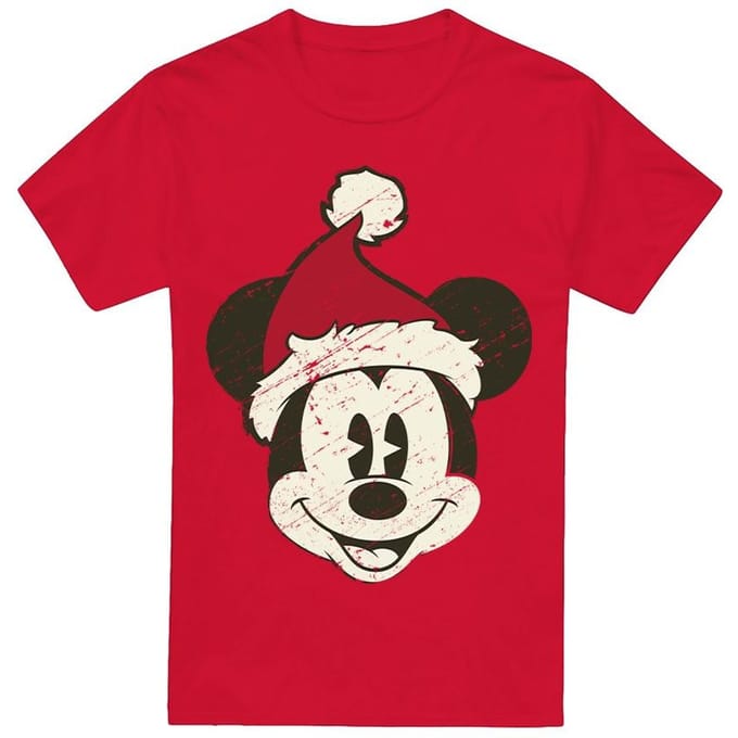 Disney Heren Mickey Mouse Kerstman Gezicht T-Shirt (Rood)