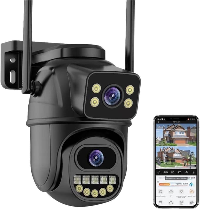Beveiligingscamera Buiten - PTZ Camera - Huis Bewaken - Dubbele Lenzen Dual Screen - 4K 8MP - Wit
