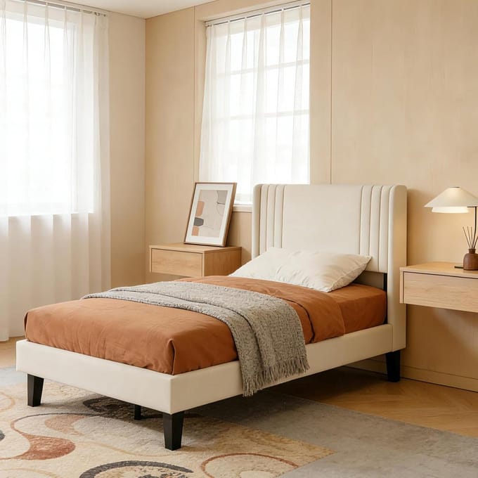 Gestoffeerd bed - Eenpersoonsbed Tienerbed - Slaapcomfort Creëren - Stabiele Constructie - 90x200 cm - Beige